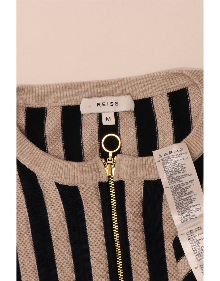 Reiss Dame Zip Neck Jumper Sweater UK 14 Medium Sort Stribet Polyester