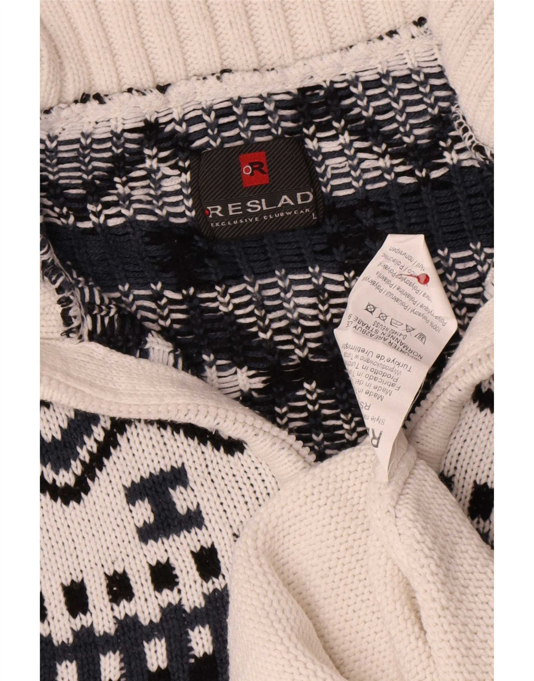 Vintage herre lynlås-hals sweater stor hvid geometrisk polyakryl