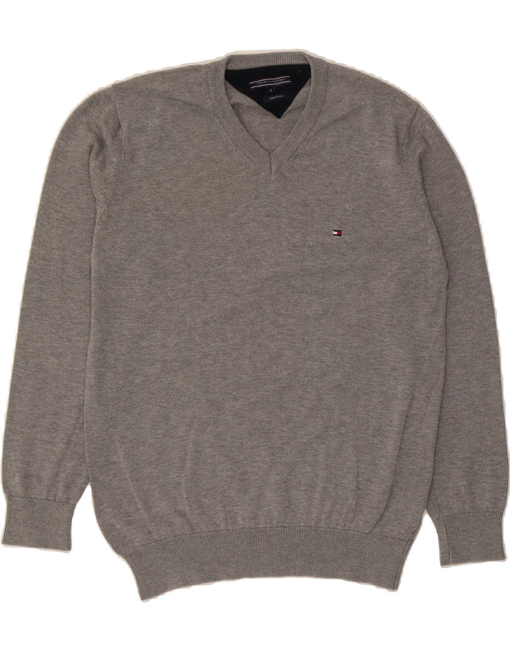 TOMMY HILFIGER Mens V-Neck Jumper Sweater Small Grey Cotton Vintage Tommy Hilfiger and Second-Hand Tommy Hilfiger from Messina Hembry 