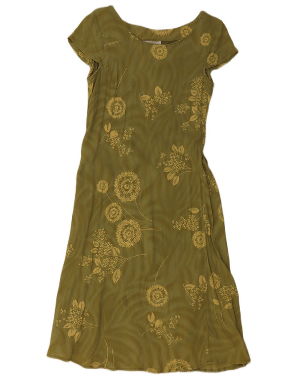 Vintage Kvinder A-Line Kjole UK 14 Stor Khaki Floral Viscose