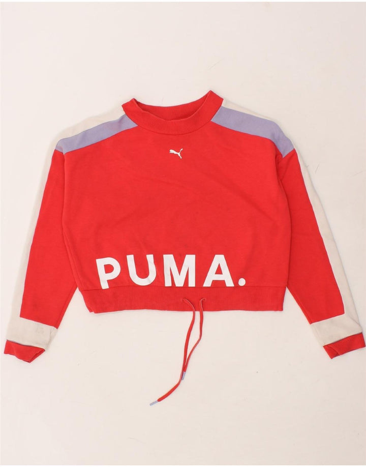 PUMA Womens Oversized Crop Sweatshirt Jumper UK 6 XS Red Colourblock Vintage Puma and Second-Hand Puma from Messina Hembry 