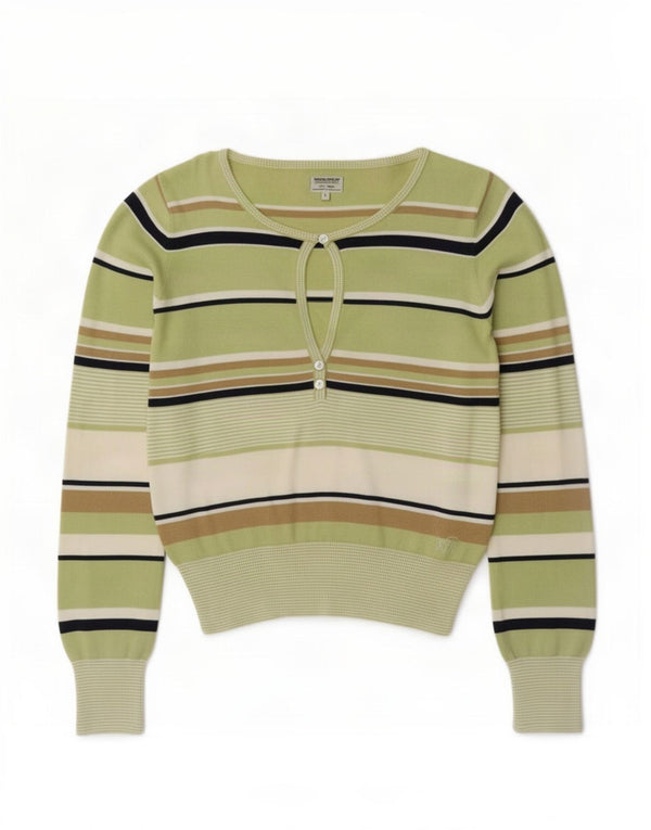 Woolrich Dame Button Neck Jumper Sweater UK 14 Stor grøn stribet bomuld