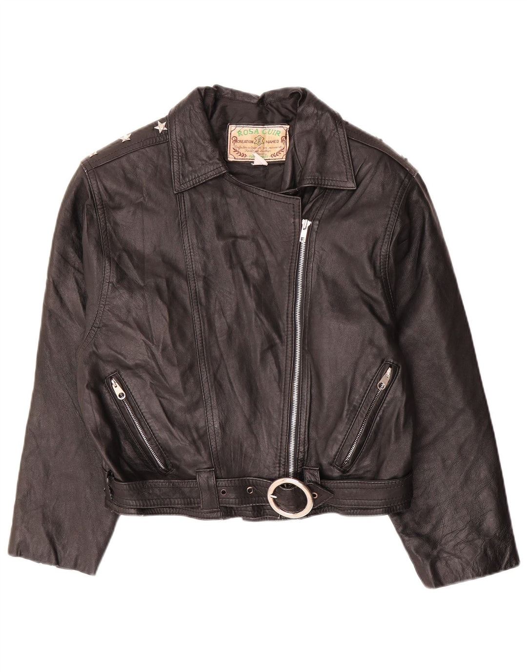 Vintage kvinders crop læder bikerjakke UK 12 medium sort læder
