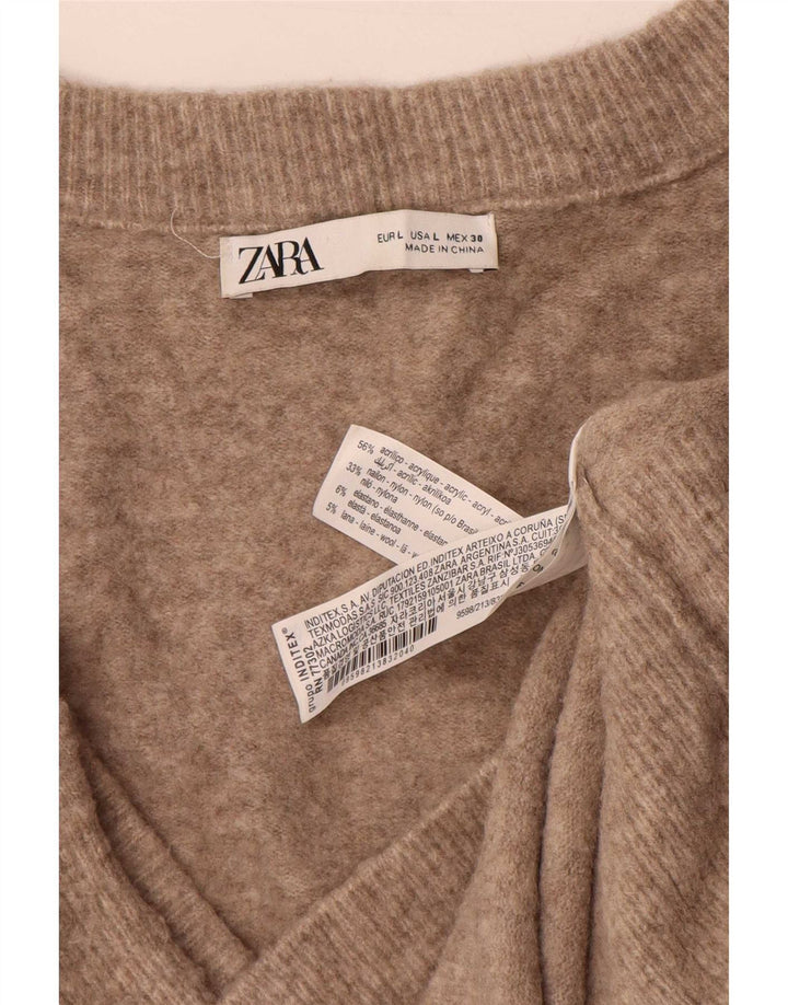 Zara Dame Oversized Longline V-hals Jumper Sweater UK 16 Stor Brun