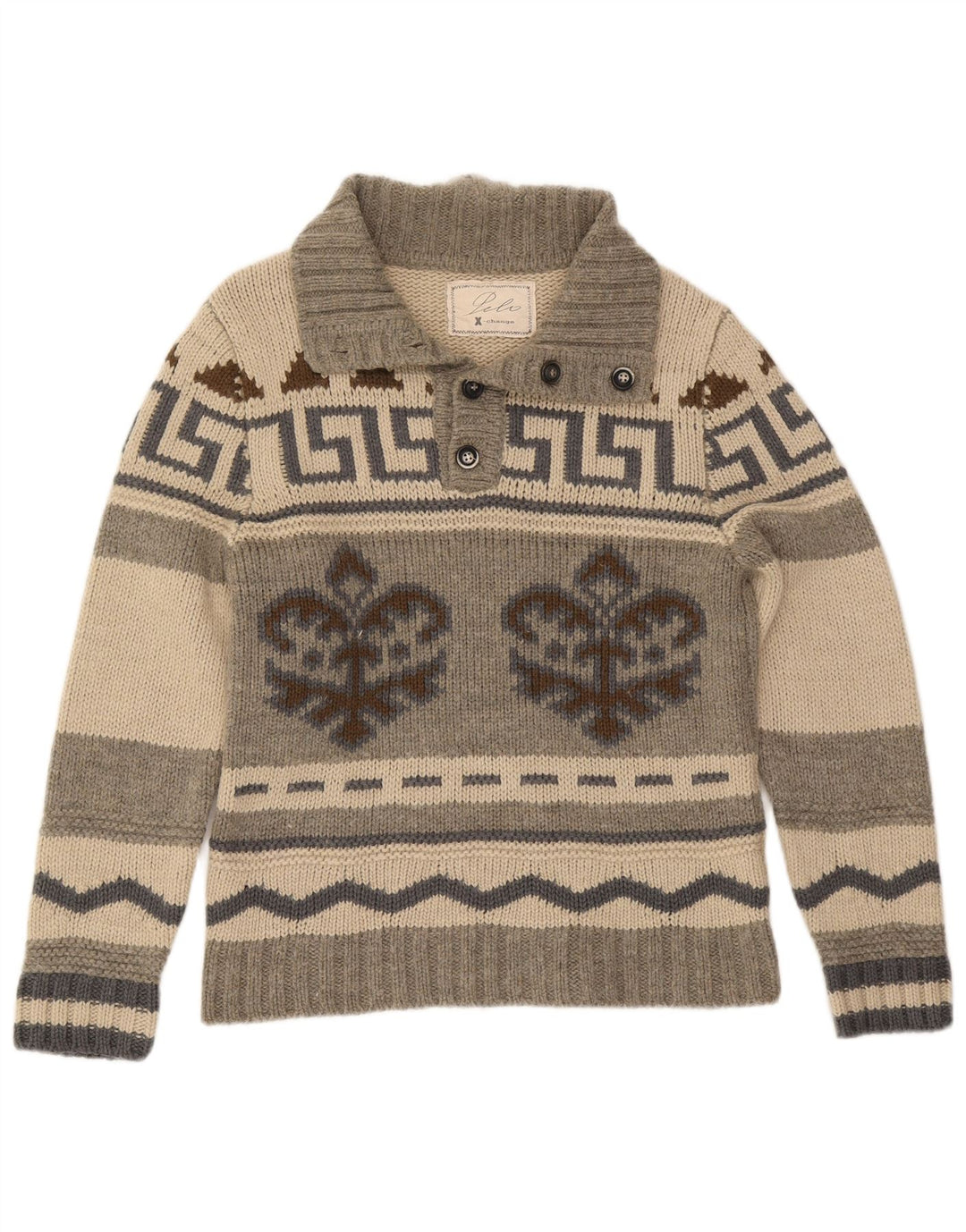 Vintage Herre Button Neck Jumper Sweater IT 50 Medium Grey Fair Isle