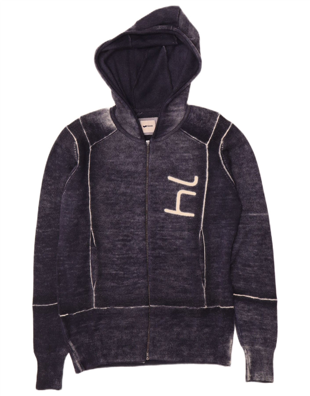 Gas Herre grafisk hætte cardigan sweater Medium Navyblå Flecked Uld