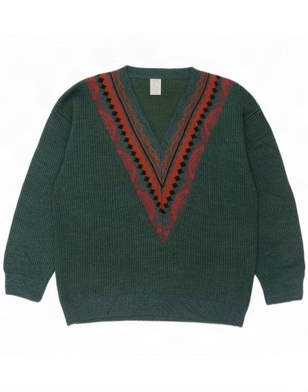 Vintage Mens V-Neck Jumper Sweater IT 50/52 Large Green Fair Isle Acrylic