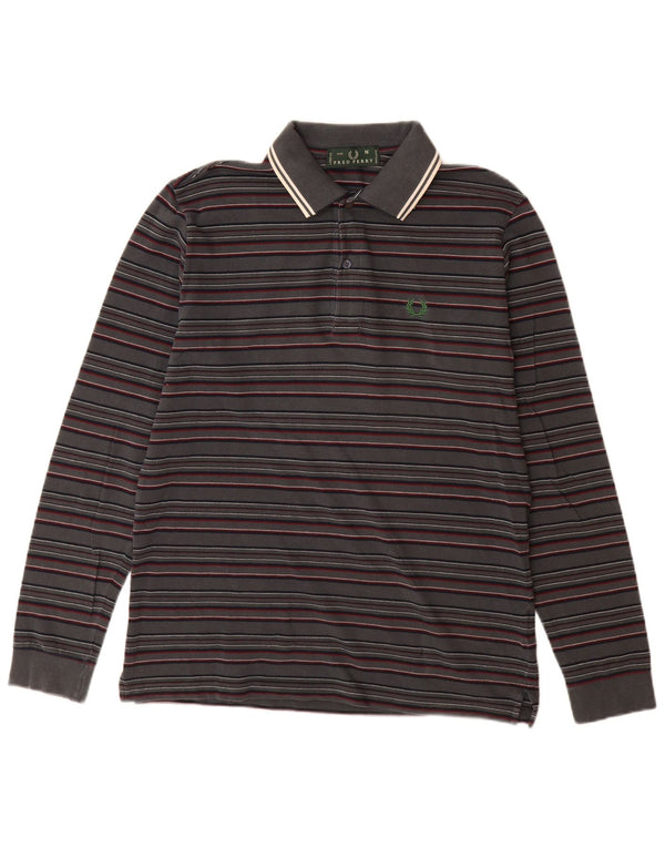 FRED PERRY Mens Long Sleeve Polo Shirt Medium Grey Striped Cotton