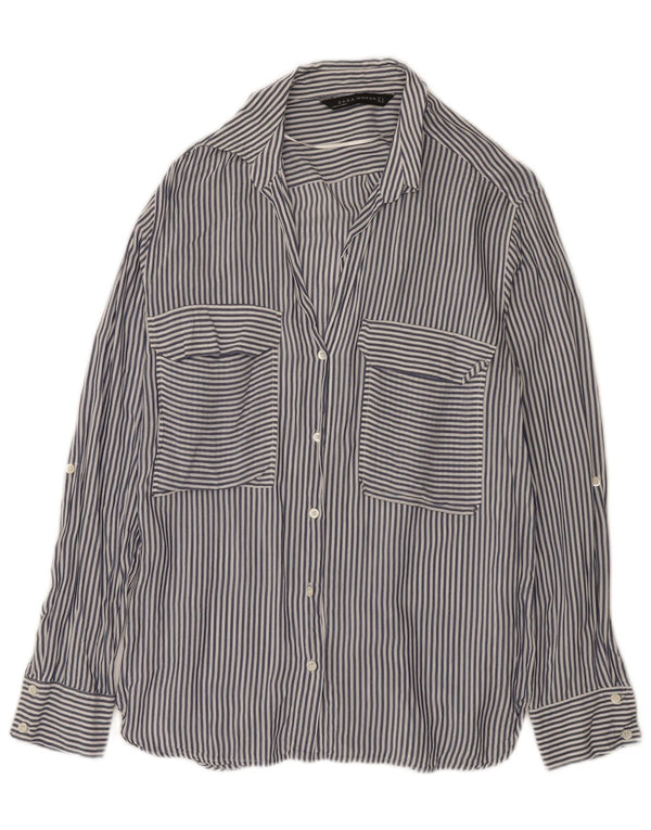 Zara Dameskjorte UK 14 Medium Navy Blue Pinstripe