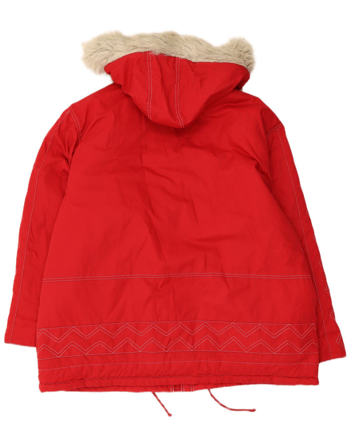 Vintage Dame Hooded Parka Jacket UK 24 4XL Rød Chevron Polyester
