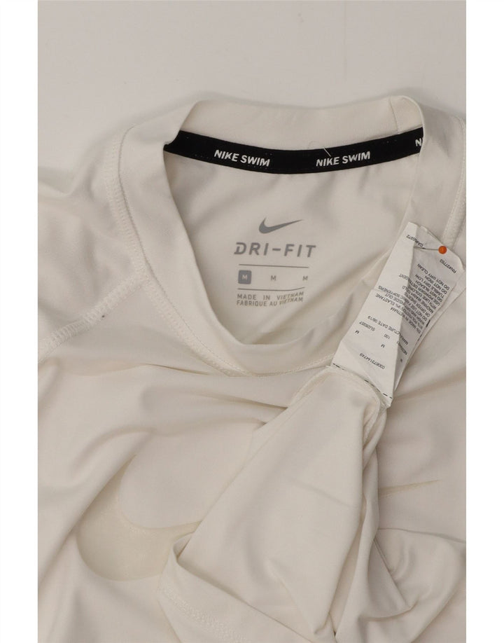 NIKE Dame Dri Fit grafisk T-shirt Top UK 12 Medium White Polyester