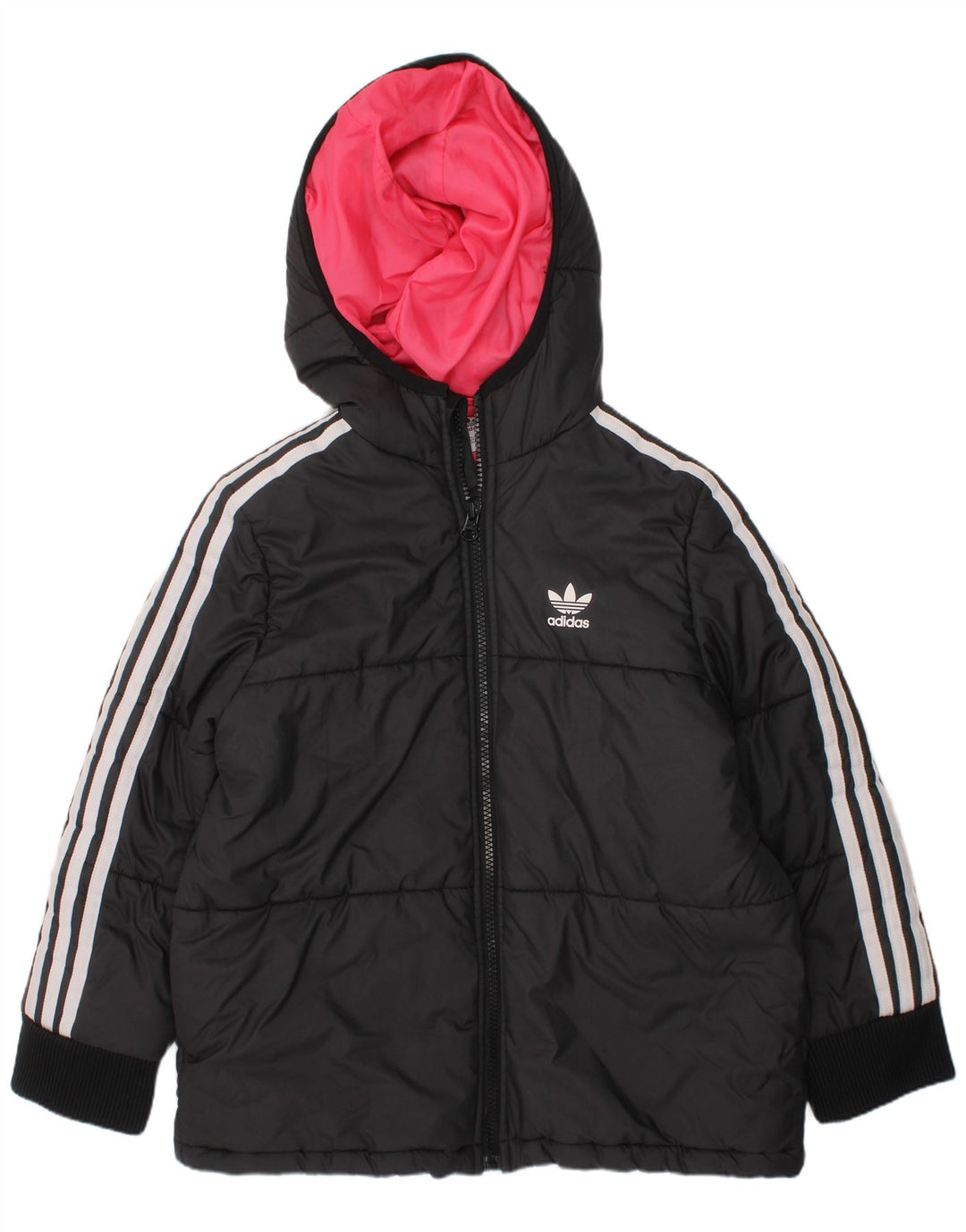 ADIDAS Girls Graphic Hooded Padded Jacket 7-8 Years Black Polyester