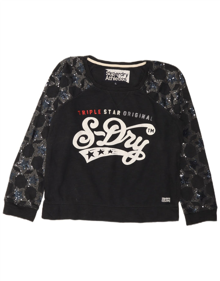 SUPERDRY Dame grafisk sweatshirt Jumper UK 16 Stor sort bomuld