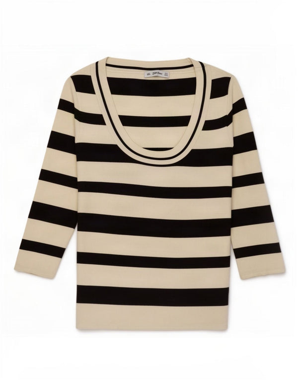 Zara Womens Top 3/4 Sleeve UK 14 Large White Striped Polyamide