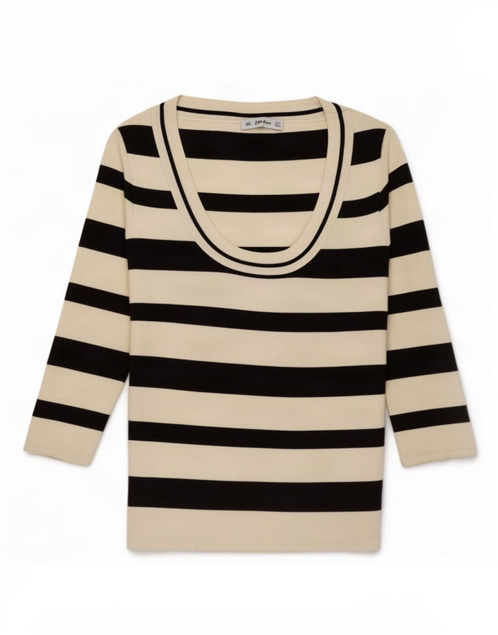 Zara Dame Top 3/4 ærmer UK 14 Stor hvid stribet polyamid