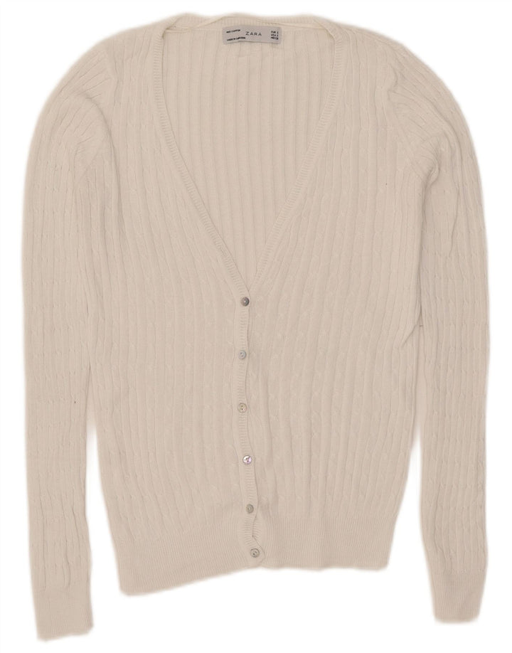 Zara Dame Cardigan Sweater UK 10 Small White Bomuld