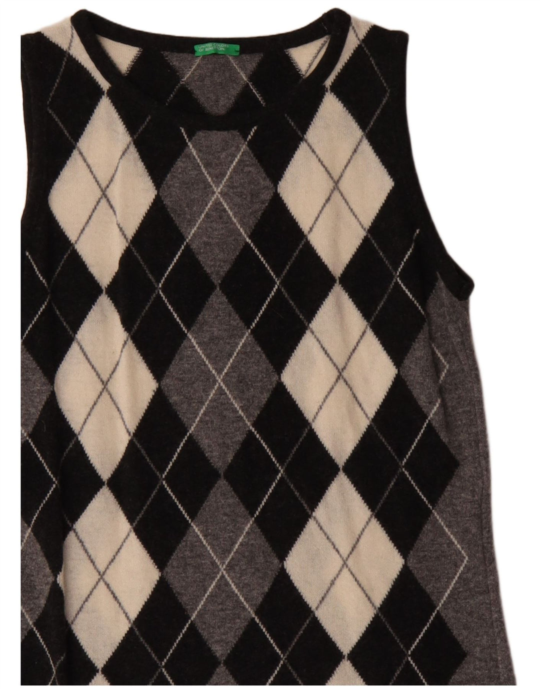 BENETTON Dame Ærmeløs Jumper Dress UK 12 Medium Grey Argyle/Diamond