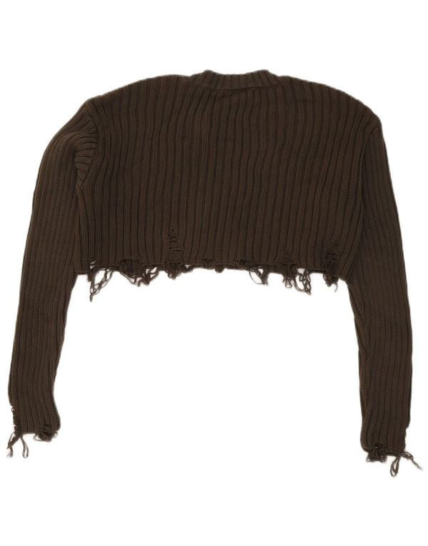 Zara Womens Crop Distressed Crew Neck Jumper Sweater UK 10 Small Khaki