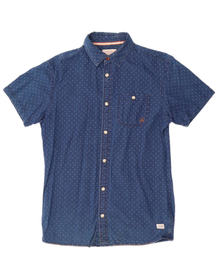 JACK & JONES Mens Short Sleeve Denim Shirt Medium Blue Spotted Cotton