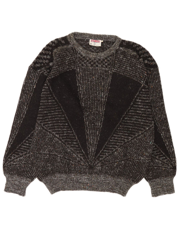 Vintage Herre Boat Neck Jumper Sweater Medium Grey Geometrisk Uld