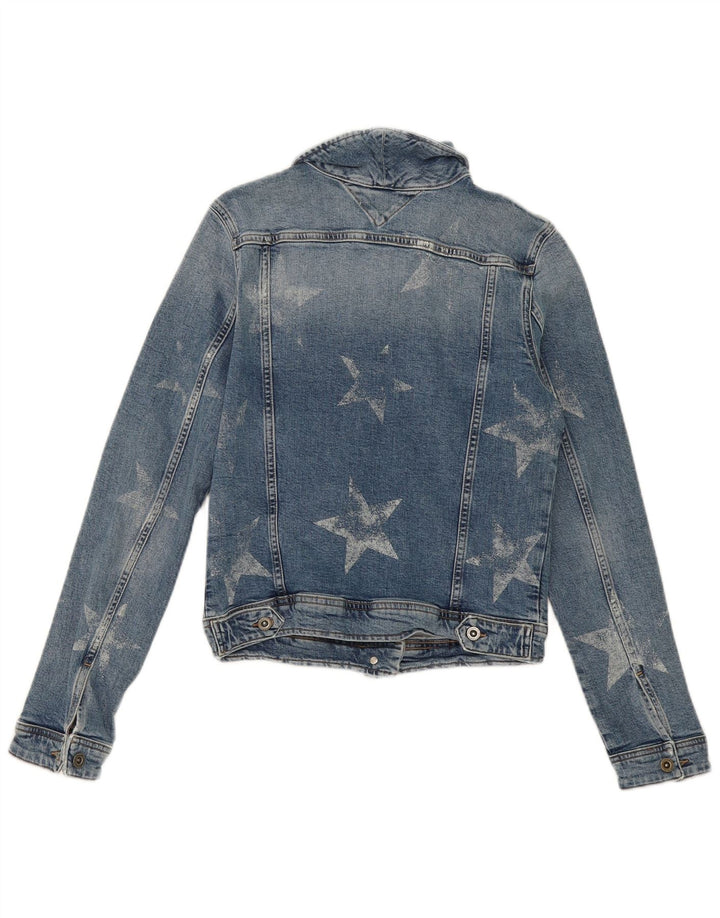 TOMMY HILFIGER Womens Crop Denim Jacket UK 10 Small Blue Geometric Cotton