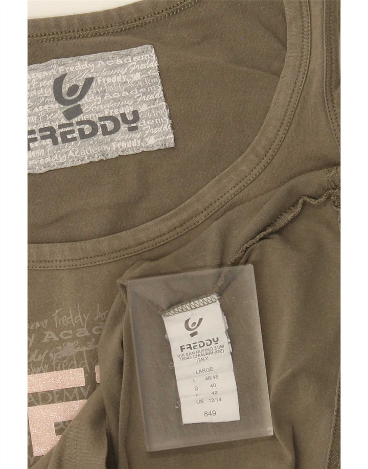 Freddy Dame Grafisk Vest Top IT 46/48 Stor Khaki Bomuld