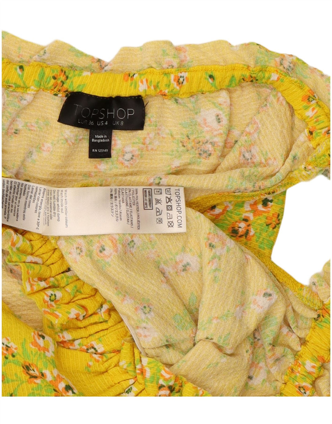 Topshop Womens Off Shoulder Crop Top UK 8 Small Yellow Floral Polyester