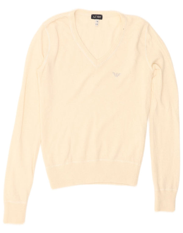 Armani Jeans Dame V-hals sweater UK 4 XS Off White Viscose