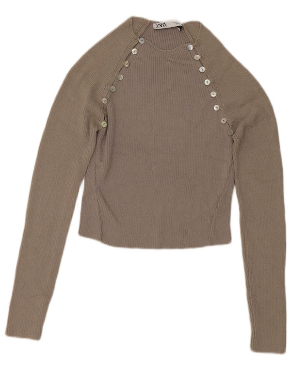 Zara Womens Crop Top Langærmet UK 8 Small Grey Colourblock Viscose