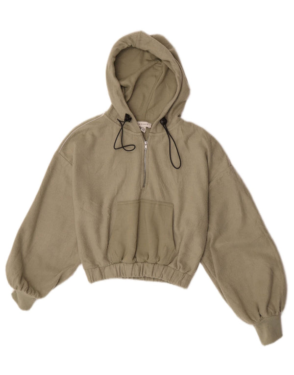 Topshop Dame Crop Hooded Zip Neck Fleece Jumper UK 6 XS Khaki Polyester