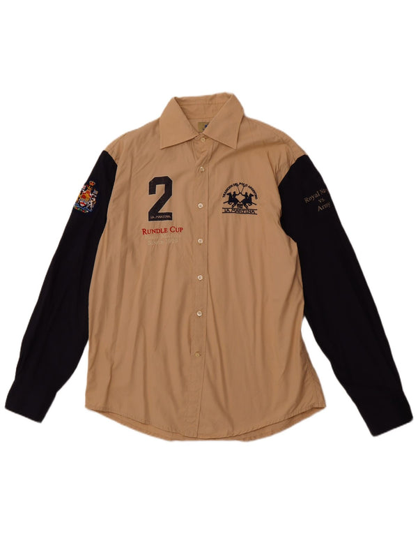 LA MARTINA Herre Royal Navy grafisk skjorte XL Beige Colourblock Bomuld
