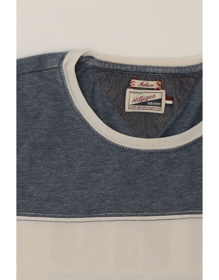 TOMMY HILFIGER Mens Graphic T-Shirt Top Medium White Colourblock Polyester Vintage Tommy Hilfiger and Second-Hand Tommy Hilfiger from Messina Hembry 