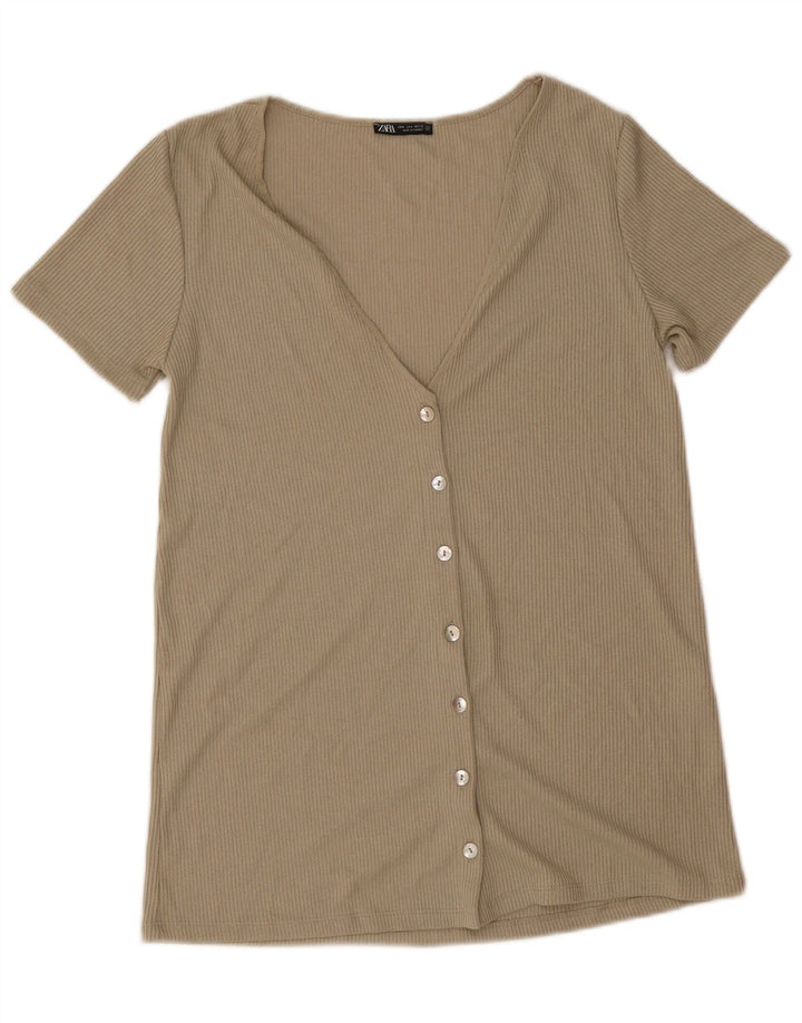 Zara Kortærmet skjortebluse til kvinder UK 14 Medium Beige Viscose