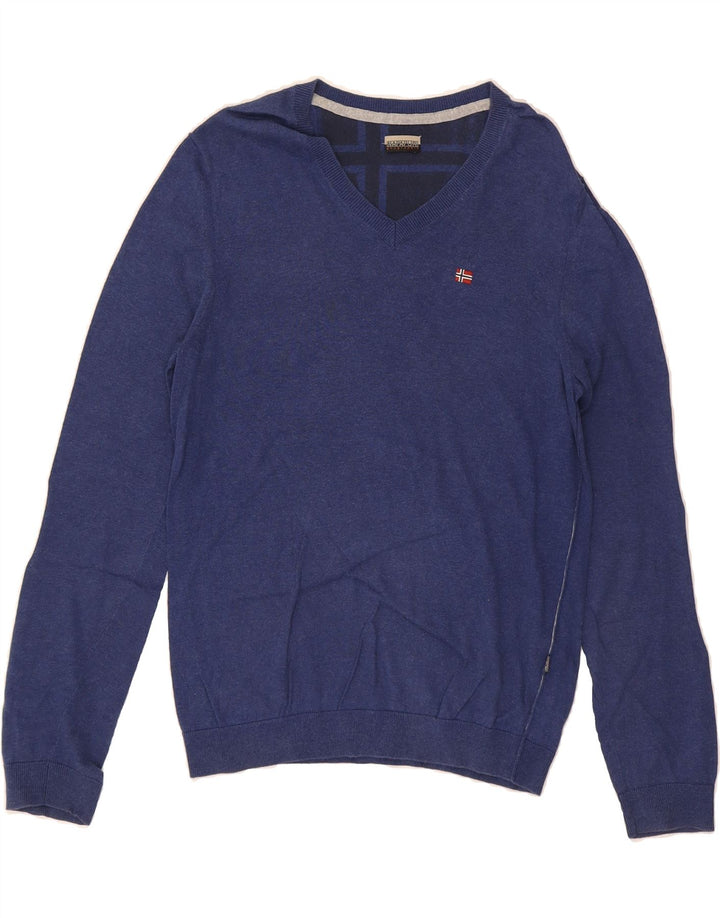 NAPAPIJRI Mens V-Neck Jumper Sweater Small Blue Cotton Vintage Napapijri and Second-Hand Napapijri from Messina Hembry 