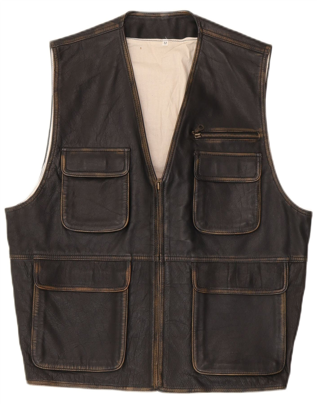 Vintage Herre Læder Utility Gilet UK 38 Medium Black