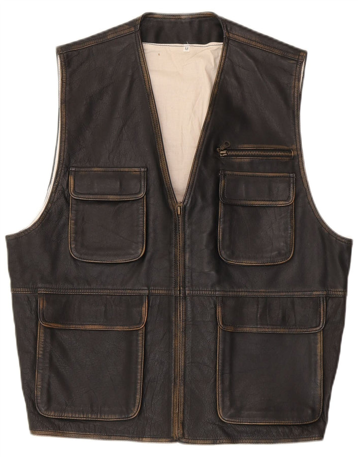 Vintage Herre Læder Utility Gilet UK 38 Medium Black