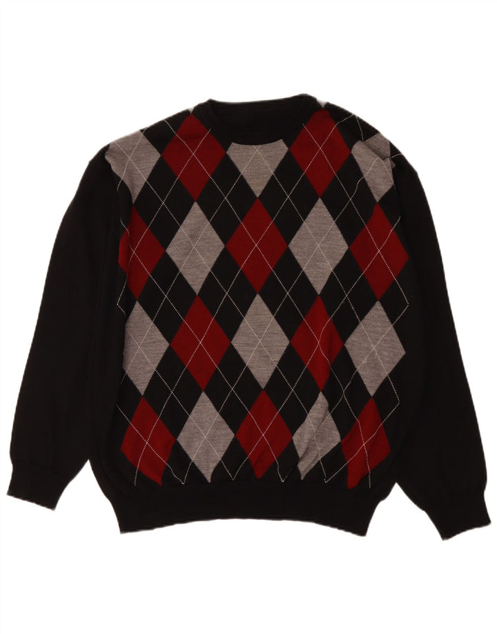 Vintage Herre Crew Neck Jumper Sweater Stor flerfarvet Argyle/Diamond