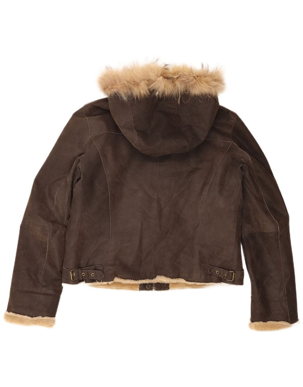 Bata and More Womens Hooded Shearling Jacket IT 46 Large Brown Leather