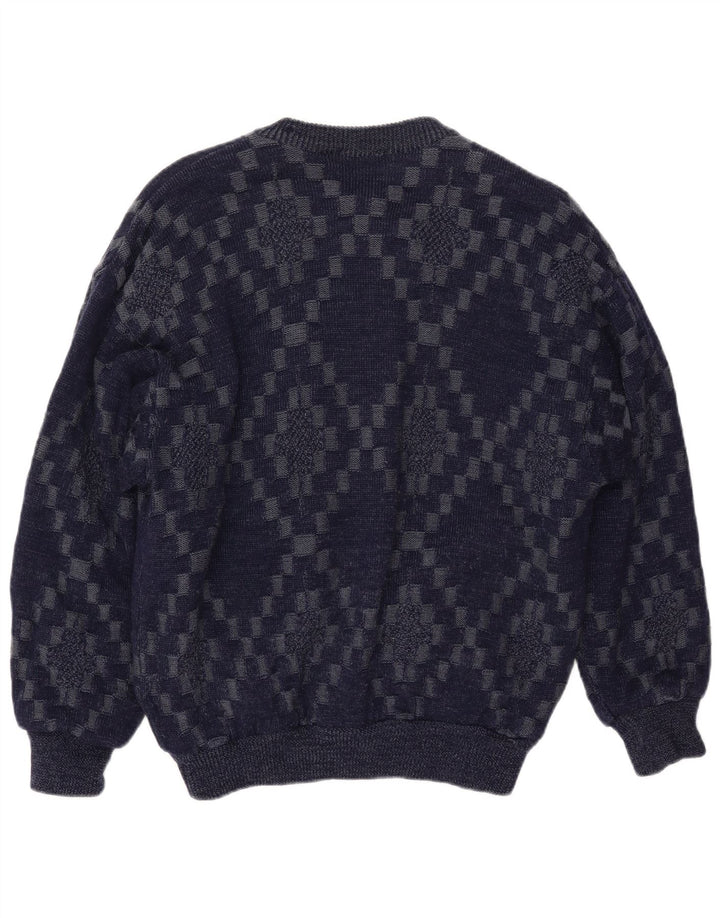 VINTAGE Herre cardigan sweater Stor marineblå geometrisk viskose