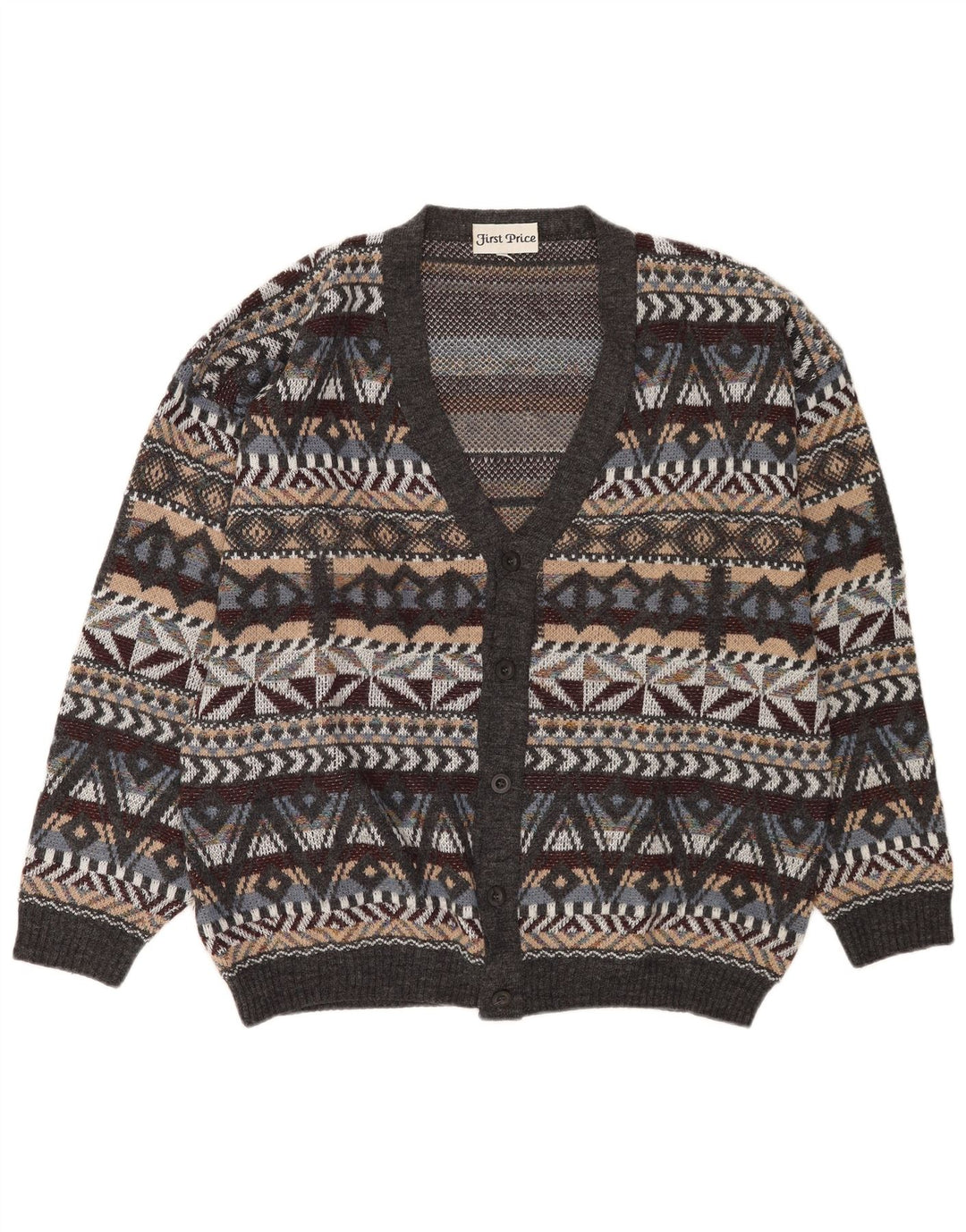 Vintage herre cardigan sweater mellemgrå geometrisk uld