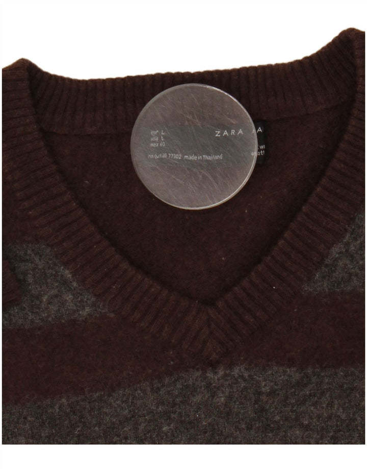 Zara Herre V-hals sweater Medium brun stribet uld