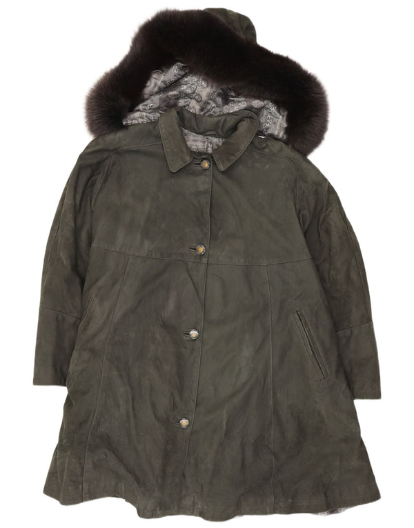 Vintage Dame Hætte Ruskind Overfrakke UK 18 XL Grønt Læder