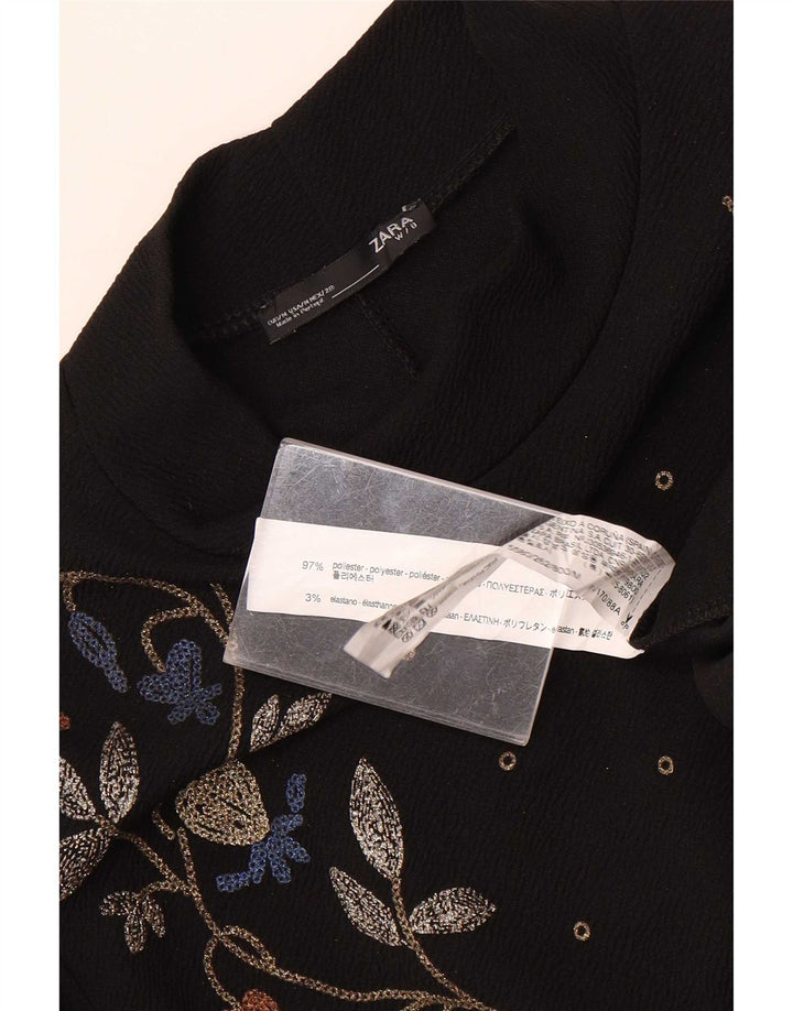 Zara Dame Langærmet Shift Dress UK 12 Medium Black Floral Polyester