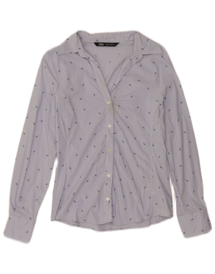 Zara Dameskjorte UK 12 Medium Blue Pinstripe Bomuld