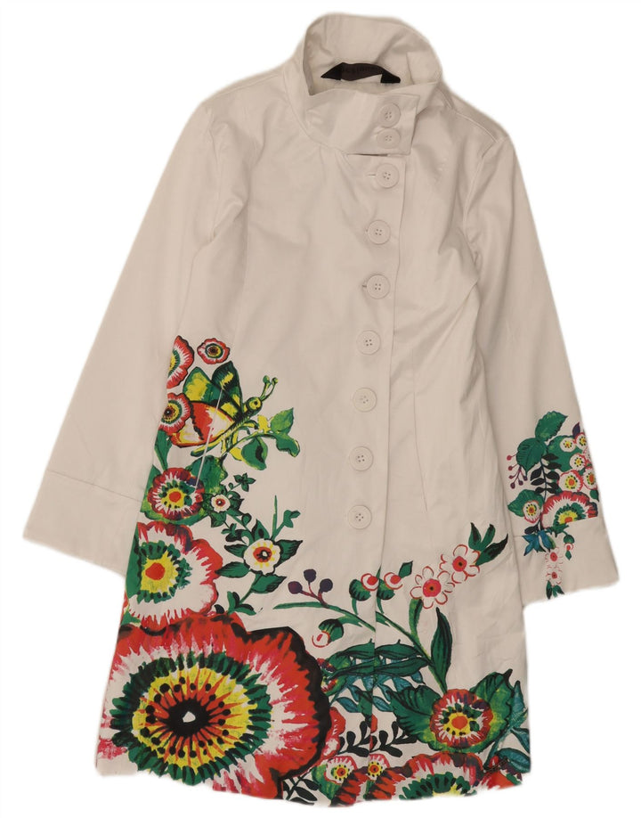 Desigual Dame Overfrakke EU 38 Medium Hvid Blomster Bomuld