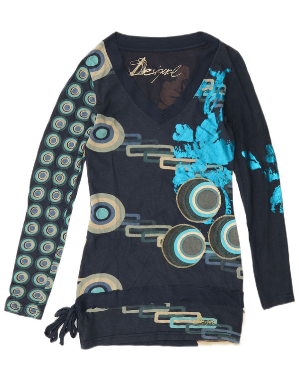 Desigual Dame Grafisk Top Langærmet UK 6 XS Marineblå Geometrisk Bomuld