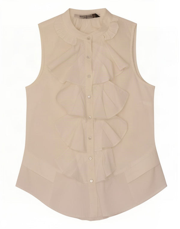 Zara Dame Ærmeløs Flæse Front Skjorte Bluse UK 10 Small White Bomuld