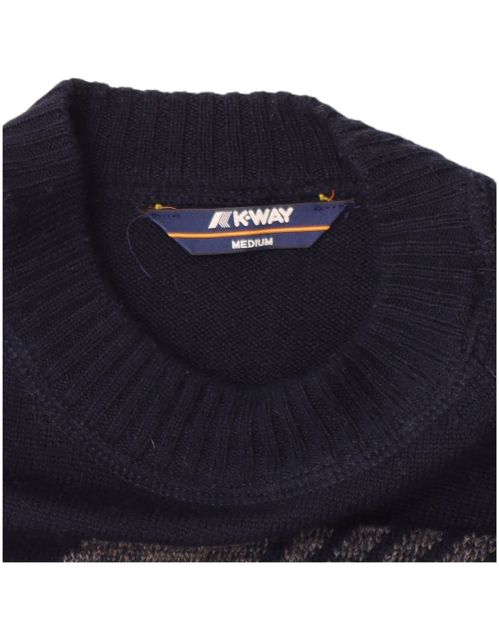 K-WAY Dame Grafisk Boat Neck Jumper Sweater UK 12 Medium Navy Blue Uld