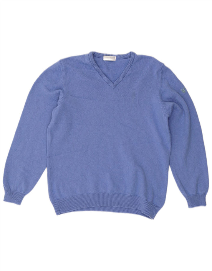 LYLE & SCOTT Dame Golf V-hals sweater UK 16 Large Blue Wool