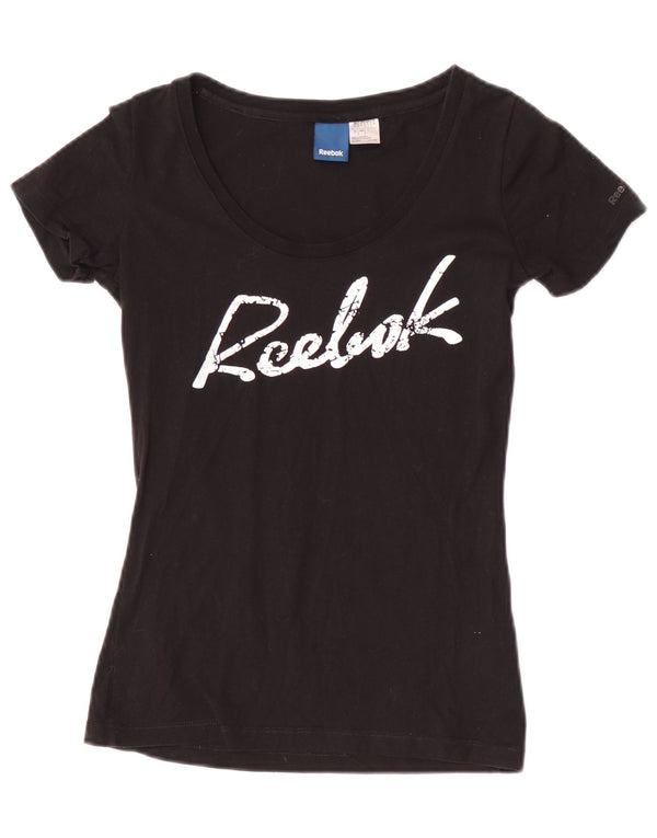 Reebok Dame Grafisk T-Shirt Top UK 8 Small Black Bomuld